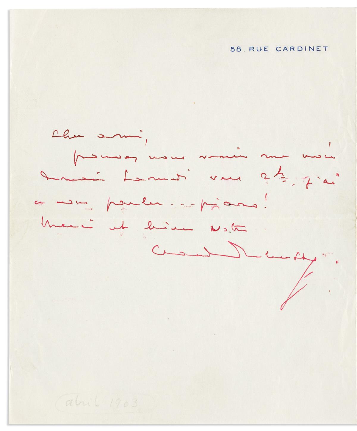 DEBUSSY, CLAUDE. Autograph Note Signed, to pianist Ricardo Viñes, in French, in red ink,